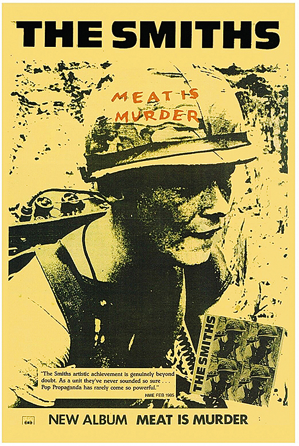 album cover art for meat is murder by the smiths. young soldier with the words 'meat is murder' written on his helmet