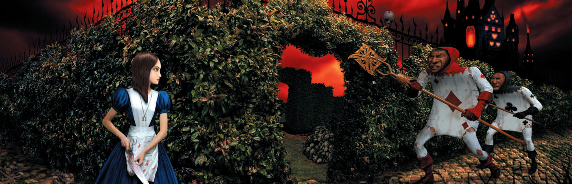 alice hiding behind a hedge from a card guard