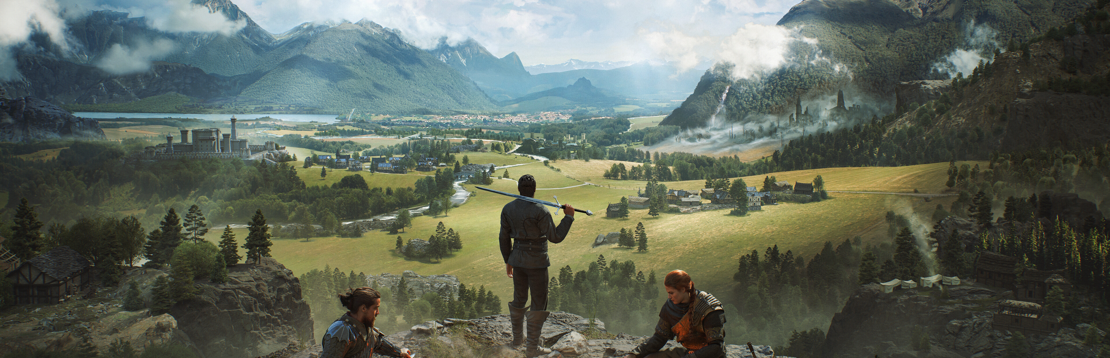 man holding a sword and facing toward a valley with many mountains and trees